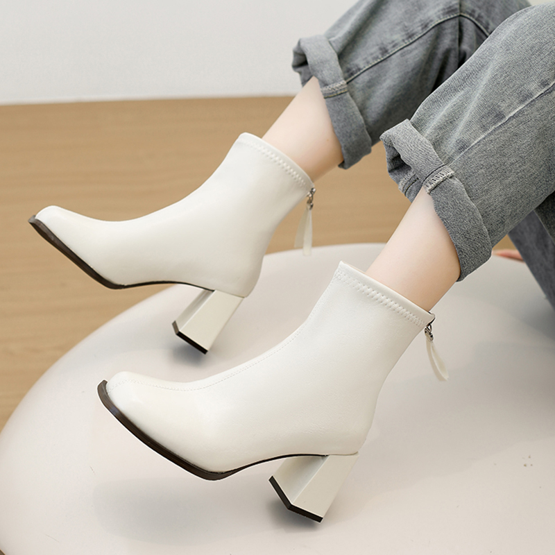Sewing Latex - Women Ankle Boots Square Toe Chunky